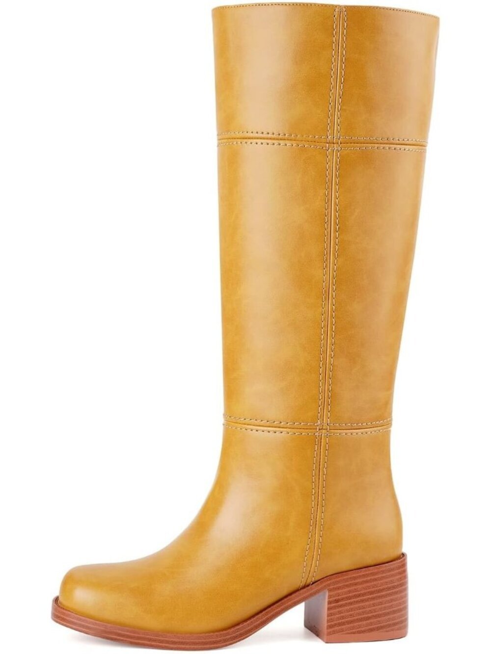 Women's Banana Comfortable Knee High Square Toe Chunky Low Heel Mid-Calf Boots
